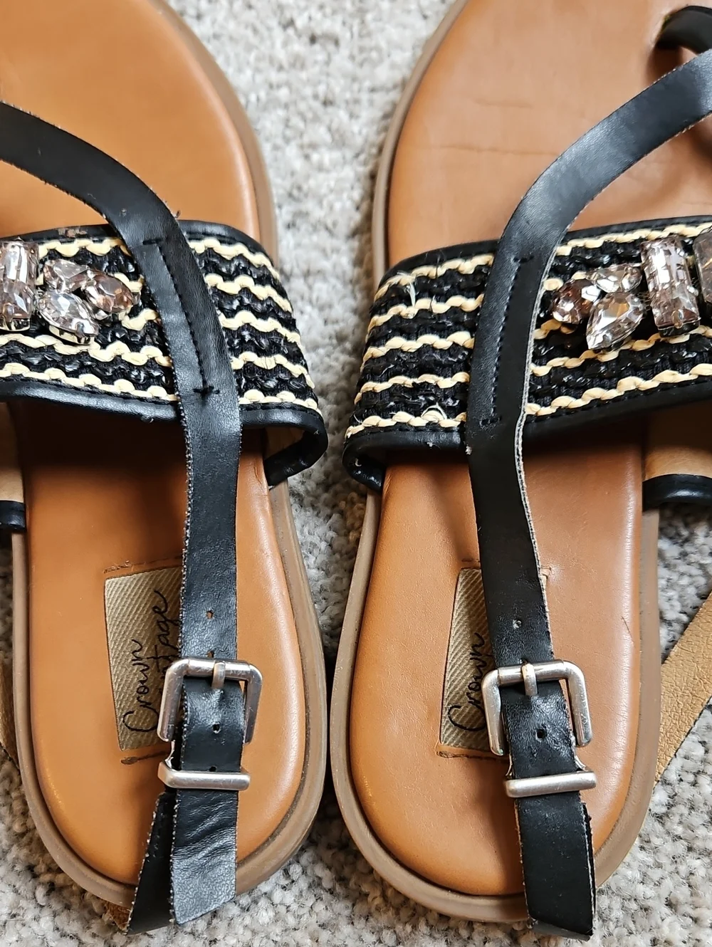 Crown Vintage Black and Tan Jeweled Thong Sandals